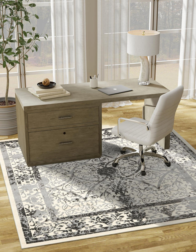 Ivory and Gray 7' 10 x 7' 10 La Jolla Square Area Rug 100% Polypropylene Traditional Pattern Easy Clean Carpet for Living, Dining, Bedroom, Office for Sale at Rug Engine