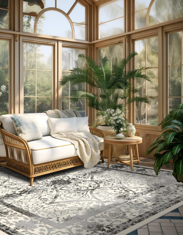 Ivory and Gray 7' 10 x 7' 10 La Jolla Square Area Rug 100% Polypropylene Traditional Pattern Easy Clean Carpet for Living, Dining, Bedroom, Office for Sale at Rug Engine