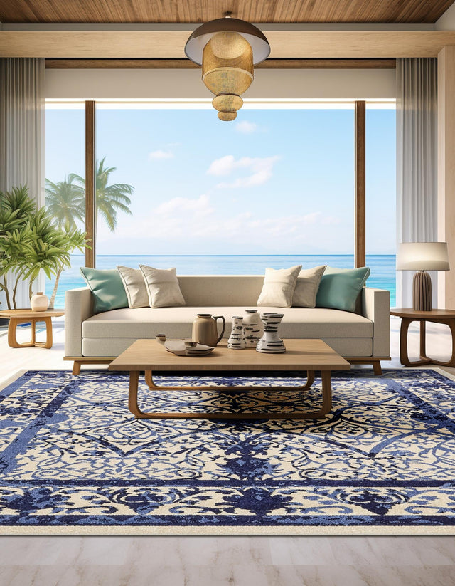 Ivory and Blue 10' x 10' La Jolla Square Area Rug 100% Polypropylene Traditional Pattern Easy Clean Carpet for Living, Dining, Bedroom, Office for Sale at Rug Engine