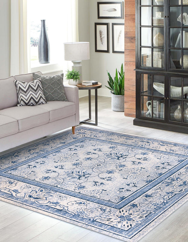 Ivory Blue 7' 10 x 7' 10 La Jolla Square Area Rug 100% Polypropylene Traditional Pattern Easy Clean Carpet for Living, Dining, Bedroom, Office for Sale at Rug Engine