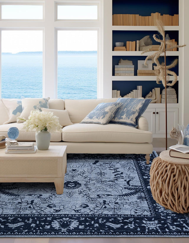 Blue 7' 10 x 7' 10 La Jolla Square Area Rug 100% Polypropylene Traditional Pattern Easy Clean Carpet for Living, Dining, Bedroom, Office for Sale at Rug Engine