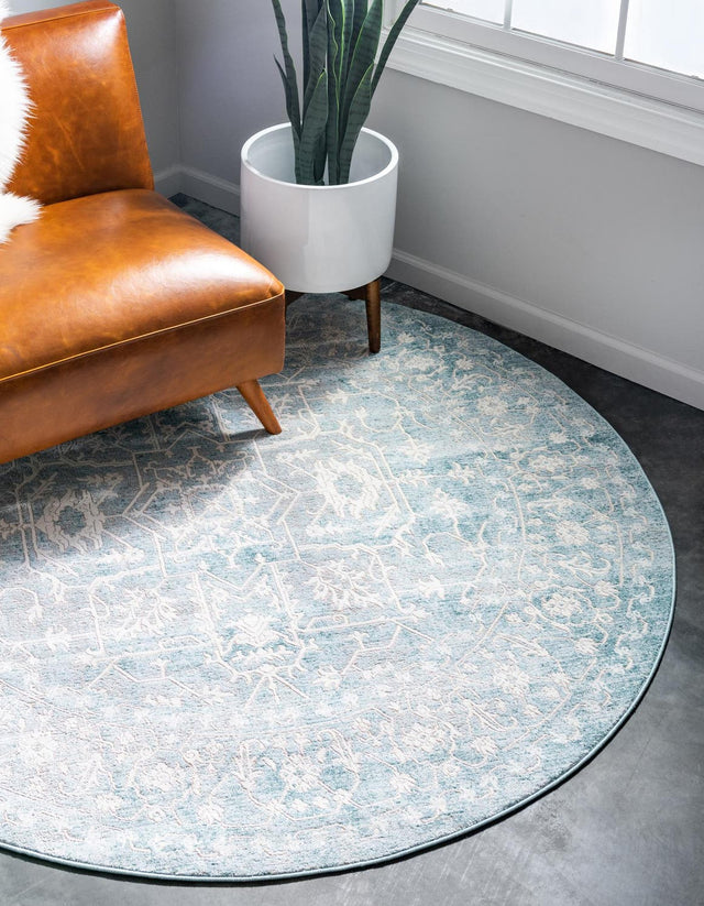 Light Blue 6' 1 x 6' 1 New Classical Round Area Rug 70% Polypropylene & 30% Polyester Traditional Vintage Distressed Carpet for Interior Design Home Decor for Sale at Rug Engine