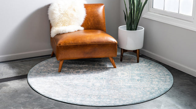 Light Blue 8' x 8' New Classical Round Area Rug 70% Polypropylene & 30% Polyester Traditional Vintage Distressed Carpet for Interior Design Home Decor for Sale at Rug Engine