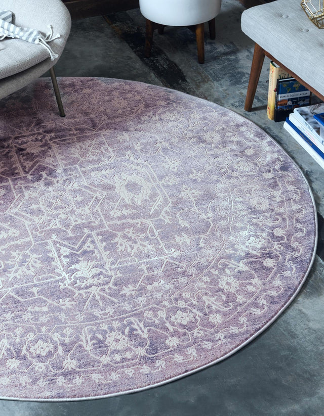 Purple 8' x 8' New Classical Round Area Rug 70% Polypropylene & 30% Polyester Traditional Vintage Distressed Carpet for Interior Design Home Decor for Sale at Rug Engine