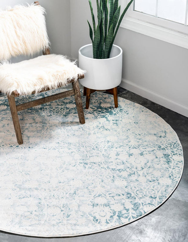 Light Blue 4' 1 x 4' 1 New Classical Round Area Rug 70% Polypropylene & 30% Polyester Traditional Vintage Distressed Carpet for Interior Design Home Decor for Sale at Rug Engine