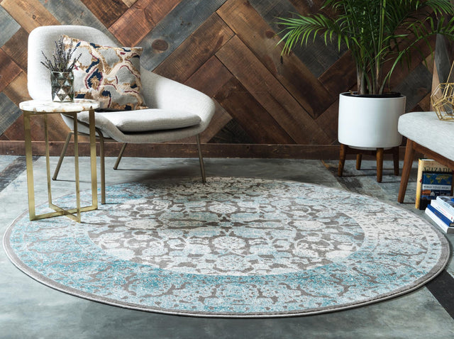 Light Blue 4' 1 x 4' 1 New Classical Round Area Rug 70% Polypropylene & 30% Polyester Traditional Vintage Distressed Carpet for Interior Design Home Decor for Sale at Rug Engine