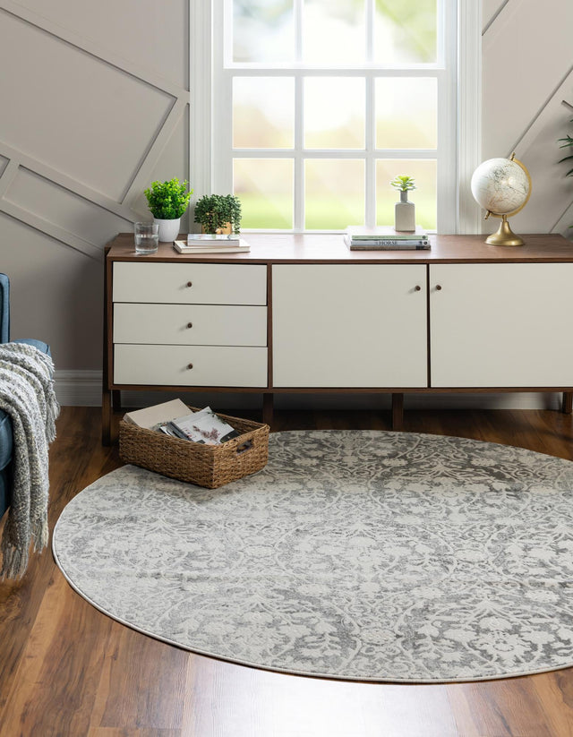 Light Gray 8' x 8' New Classical Round Area Rug 70% Polypropylene & 30% Polyester Traditional Vintage Distressed Carpet for Interior Design Home Decor for Sale at Rug Engine