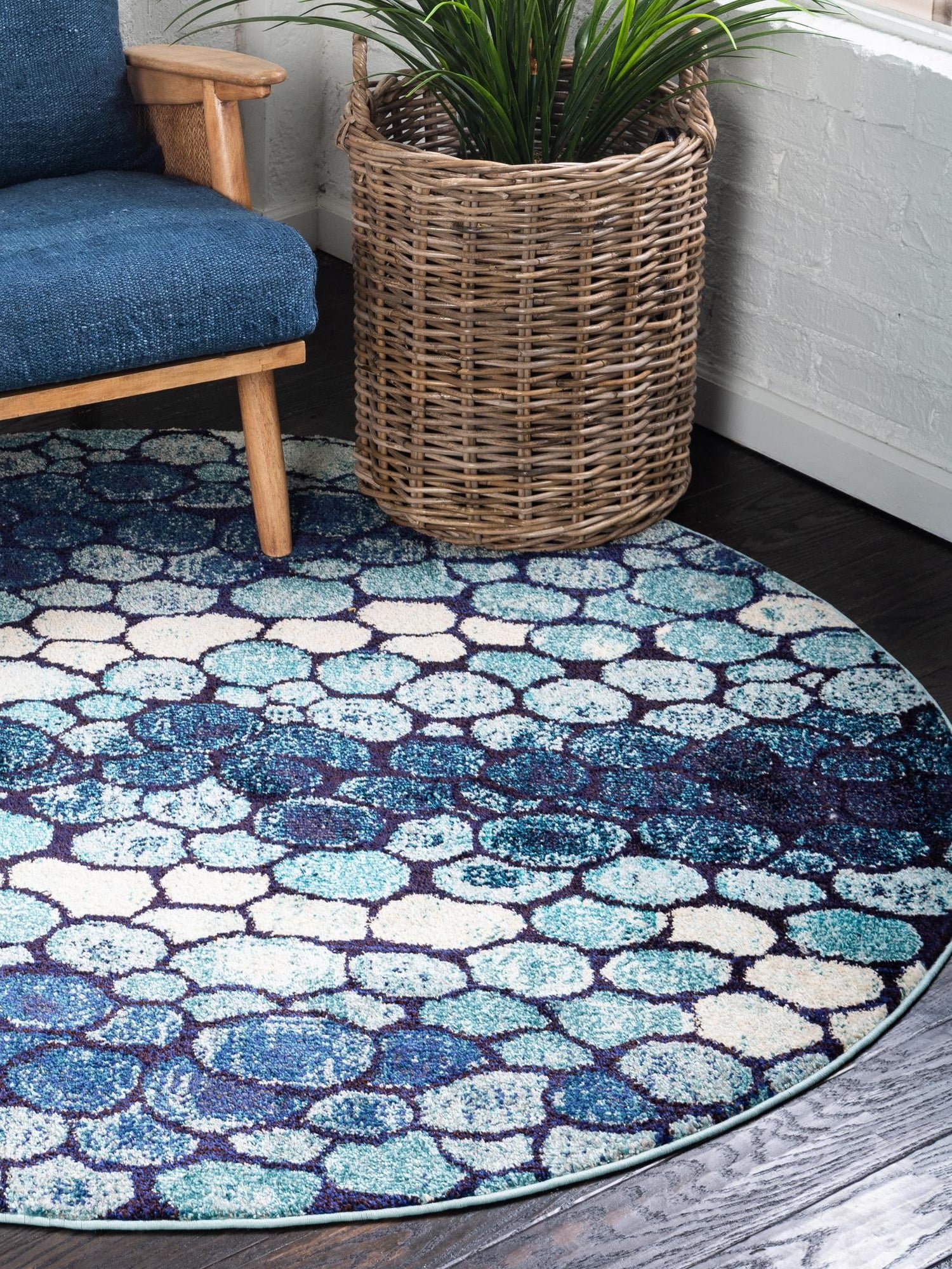 Blue 8' x 8' Estrella Round Area Rug 100% Polypropylene Non-Shedding Stain Resistant Carpet Colorful Modern Abstract Design Easy Clean for Home Decor for Sale at Rug Engine