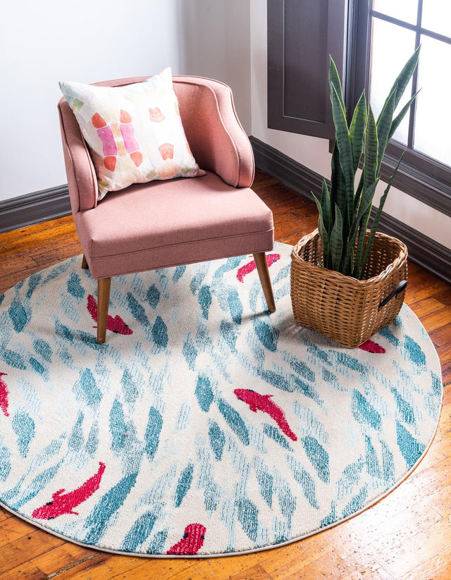 Beige 8' x 8' Positano Round Area Rug Coastal Marine Beach Design Carpet for Modern Living Rooms, Dining, Bedroom, Office for Sale at Rug Engine