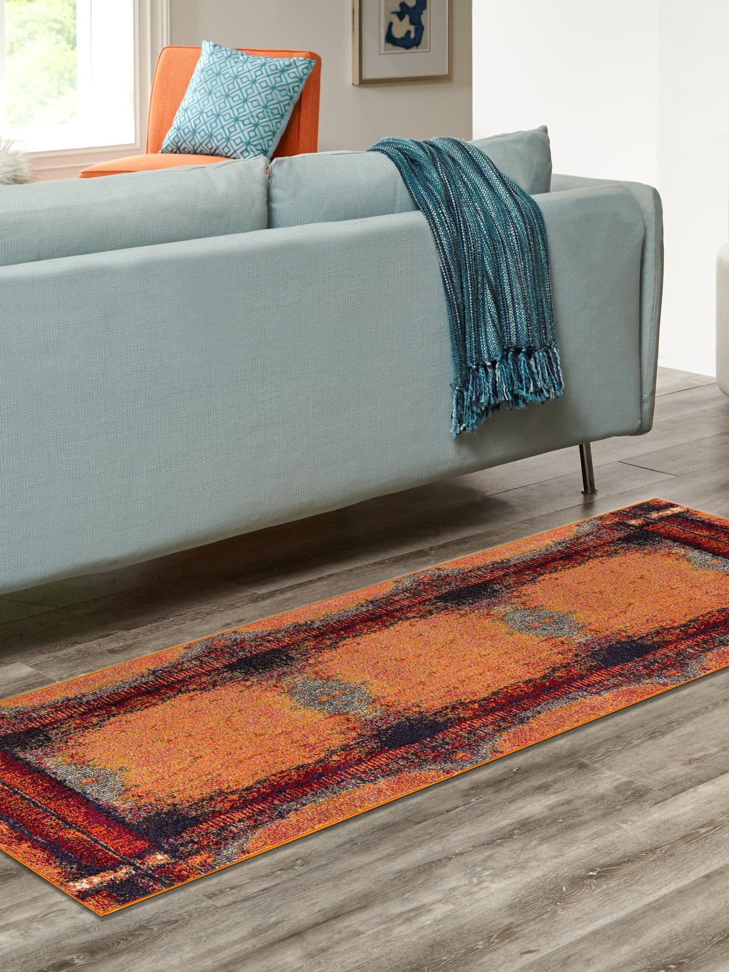 Orange 2' 7 x 10' Estrella Runner Area Rug 100% Polypropylene Non-Shedding Stain Resistant Carpet Colorful Modern Abstract Design Easy Clean for Home Decor for Sale at Rug Engine