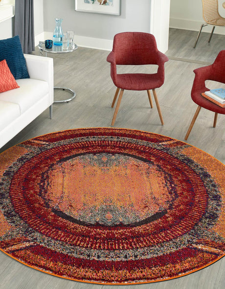 Orange 8' x 8' Estrella Round Area Rug 100% Polypropylene Non-Shedding Stain Resistant Carpet Colorful Modern Abstract Design Easy Clean for Home Decor for Sale at Rug Engine