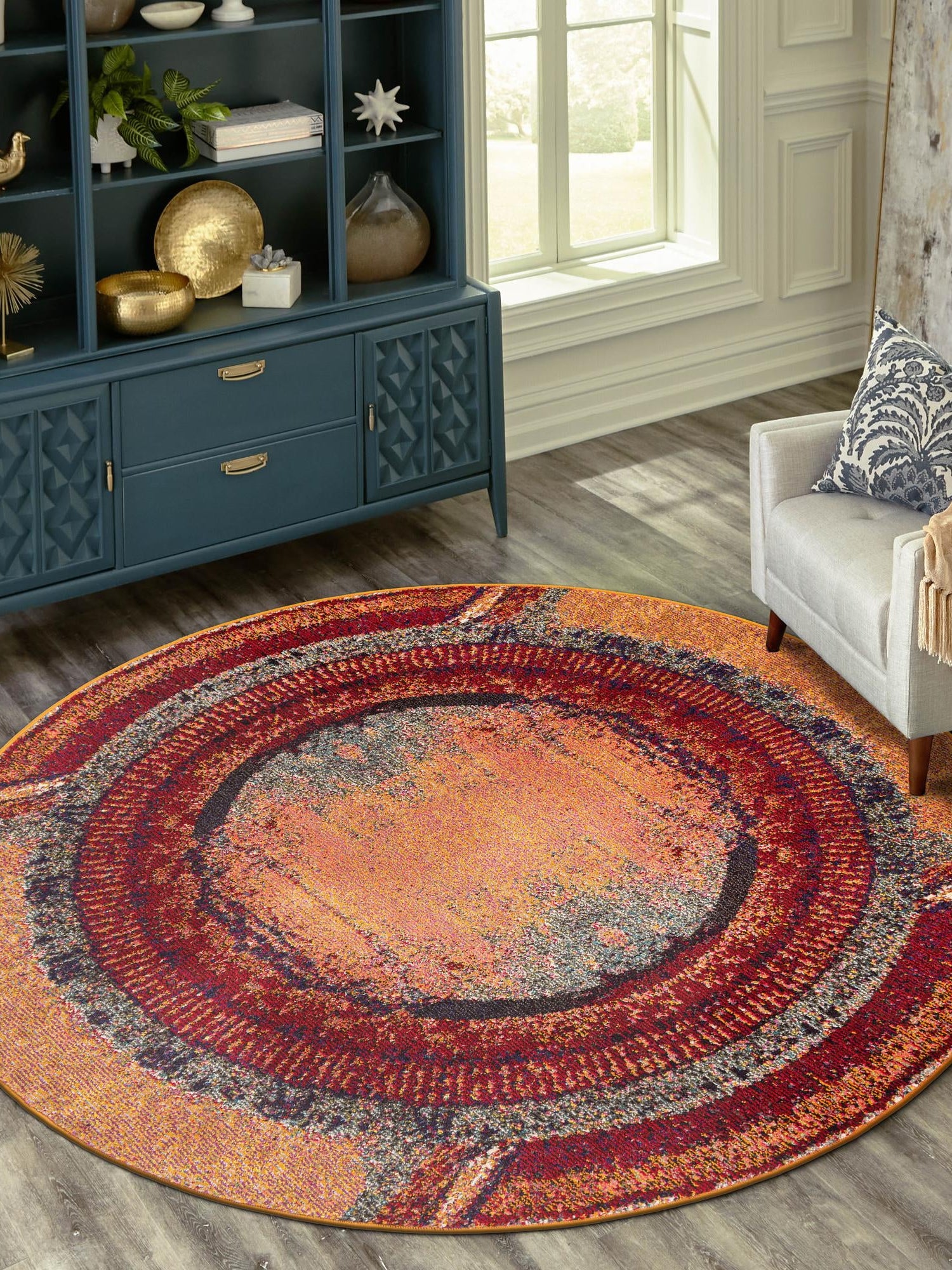 Orange 4' 1 x 4' 1 Estrella Round Area Rug 100% Polypropylene Non-Shedding Stain Resistant Carpet Colorful Modern Abstract Design Easy Clean for Home Decor for Sale at Rug Engine