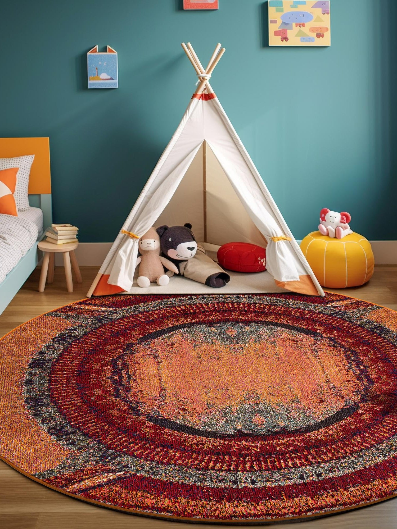 Orange 3' 3 x 3' 3 Estrella Round Area Rug 100% Polypropylene Non-Shedding Stain Resistant Carpet Colorful Modern Abstract Design Easy Clean for Home Decor for Sale at Rug Engine
