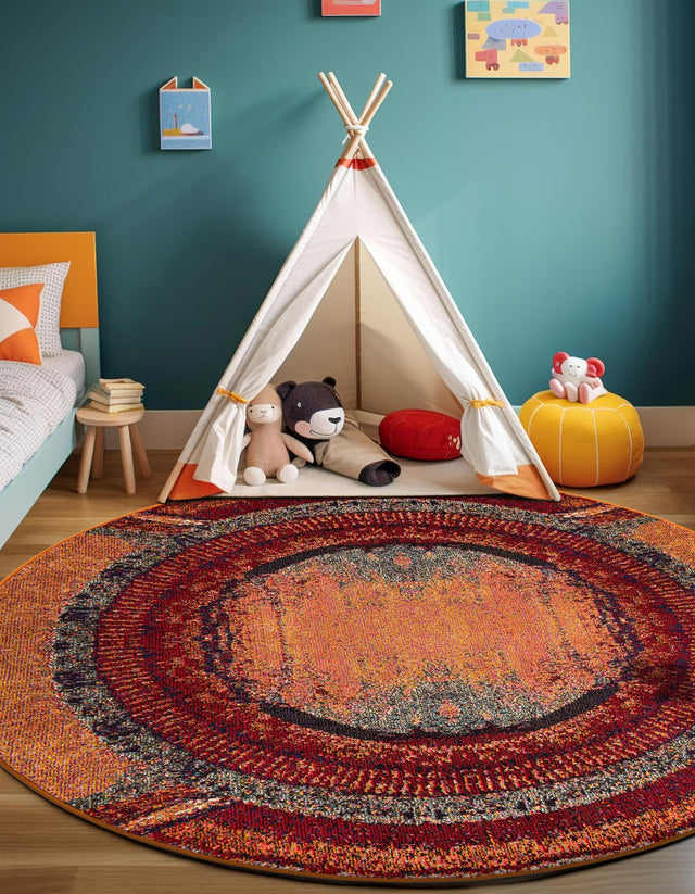 Orange 3' 3 x 3' 3 Estrella Round Area Rug 100% Polypropylene Non-Shedding Stain Resistant Carpet Colorful Modern Abstract Design Easy Clean for Home Decor for Sale at Rug Engine