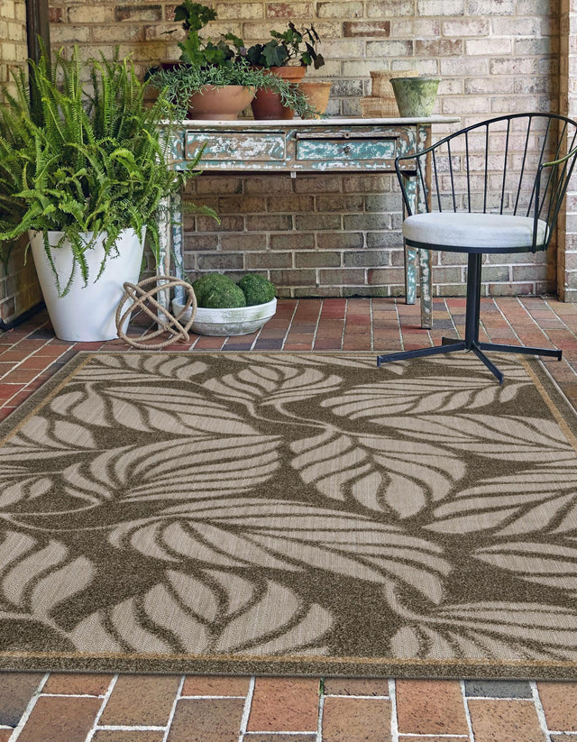 Gray 6' 1 x 9' Outdoor Botanical Rectangle Area Rug Weather Resistant for Patio, Deck, Terrace, Balcony, Porch Polypropylene Garden Floral Tropical Carpet for Sale at Rug Engine