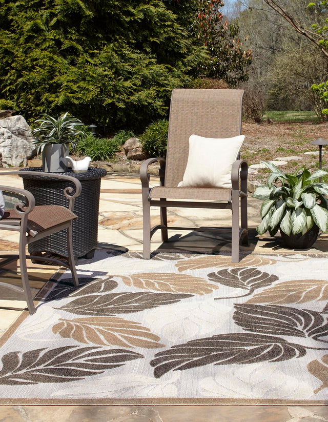 Beige 6' 1 x 9' Outdoor Botanical Rectangle Area Rug Weather Resistant for Patio, Deck, Terrace, Balcony, Porch Polypropylene Garden Floral Tropical Carpet for Sale at Rug Engine