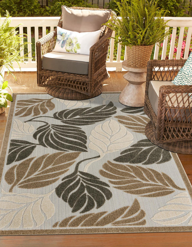 Beige 7' 1 x 10' Outdoor Botanical Rectangle Area Rug Weather Resistant for Patio, Deck, Terrace, Balcony, Porch Polypropylene Garden Floral Tropical Carpet for Sale at Rug Engine
