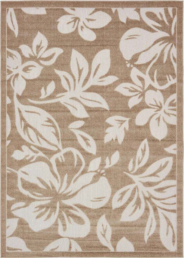 Beige 7' 1 x 10' Outdoor Botanical Rectangle Area Rug Weather Resistant for Patio, Deck, Terrace, Balcony, Porch Polypropylene Garden Floral Tropical Carpet for Sale at Rug Engine