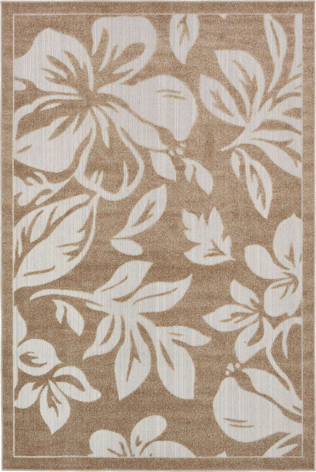 Beige 6' 1 x 9' Outdoor Botanical Rectangle Area Rug Weather Resistant for Patio, Deck, Terrace, Balcony, Porch Polypropylene Garden Floral Tropical Carpet for Sale at Rug Engine