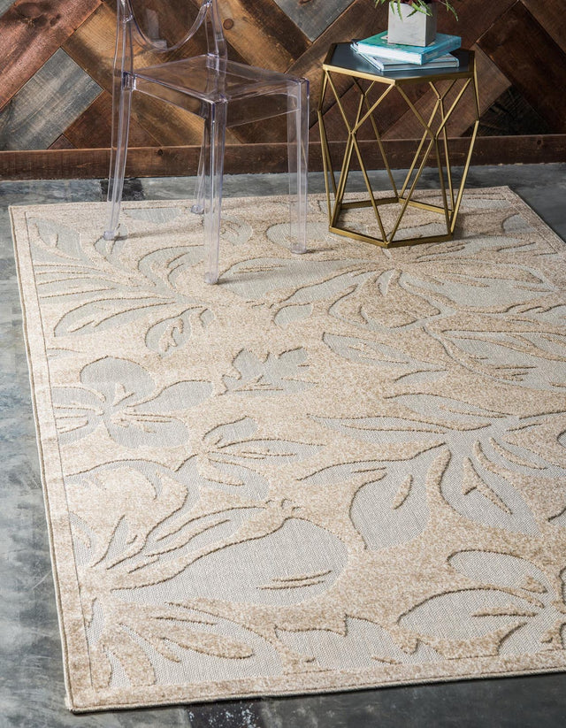 Beige 6' 1 x 9' Outdoor Botanical Rectangle Area Rug Weather Resistant for Patio, Deck, Terrace, Balcony, Porch Polypropylene Garden Floral Tropical Carpet for Sale at Rug Engine