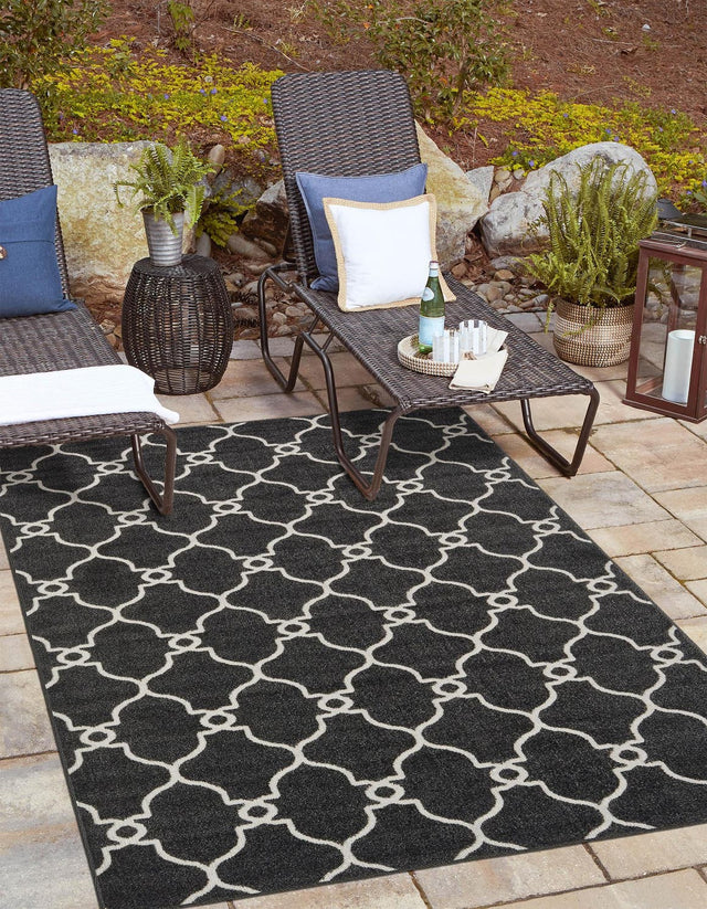 Black 6' 1 x 9' Outdoor Trellis Rectangle Area Rug Weather Resistant for Patio, Deck, Terrace, Balcony, Porch Geometric Design Water Safe Outside Carpet for Sale at Rug Engine