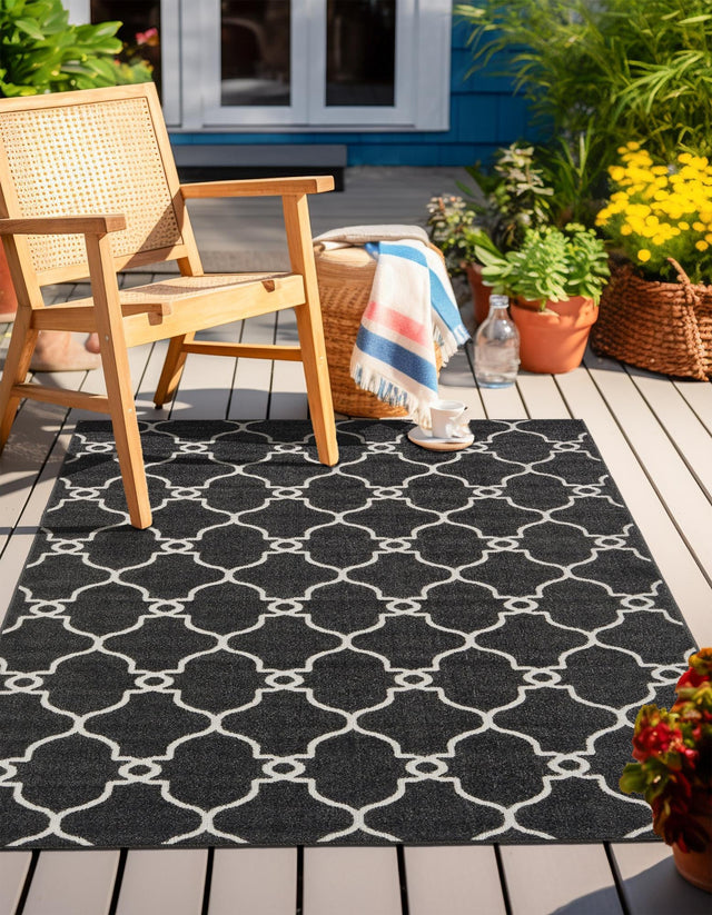 Black 9' x 12' 2 Outdoor Trellis Rectangle Area Rug Weather Resistant for Patio, Deck, Terrace, Balcony, Porch Geometric Design Water Safe Outside Carpet for Sale at Rug Engine