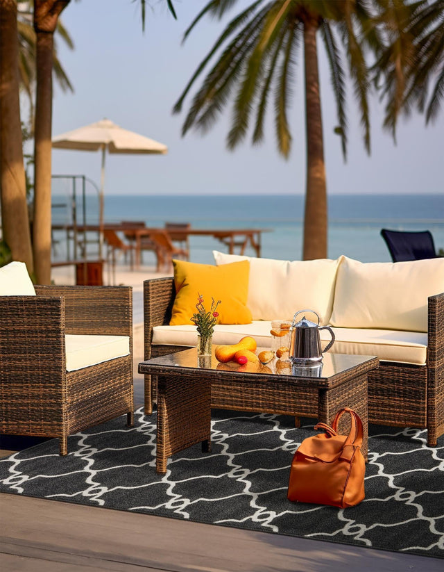 Black 7' 1 x 10' Outdoor Trellis Rectangle Area Rug Weather Resistant for Patio, Deck, Terrace, Balcony, Porch Geometric Design Water Safe Outside Carpet for Sale at Rug Engine