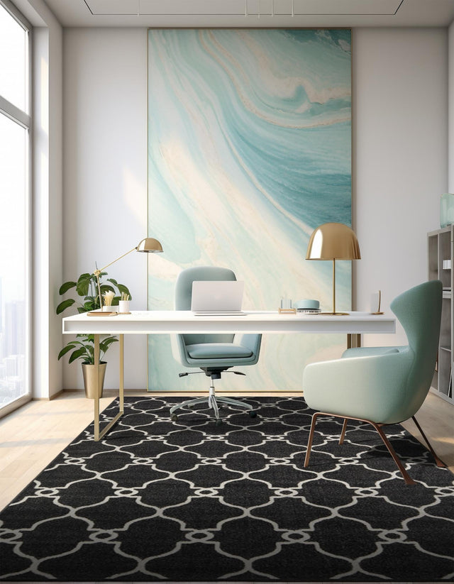 Black 5' 1 x 8' Outdoor Trellis Rectangle Area Rug Weather Resistant for Patio, Deck, Terrace, Balcony, Porch Geometric Design Water Safe Outside Carpet for Sale at Rug Engine