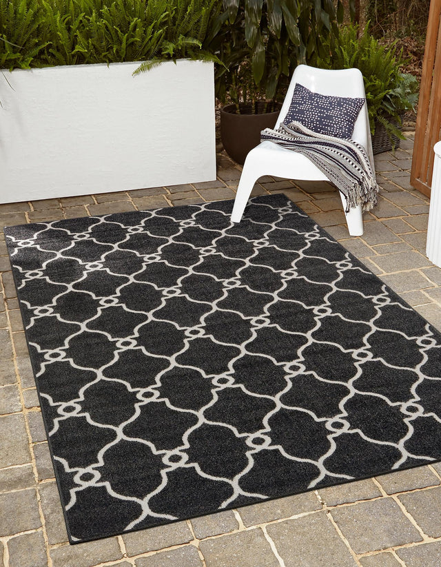 Black 5' 1 x 8' Outdoor Trellis Rectangle Area Rug Weather Resistant for Patio, Deck, Terrace, Balcony, Porch Geometric Design Water Safe Outside Carpet for Sale at Rug Engine