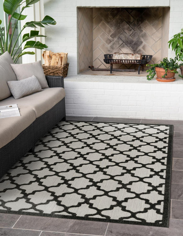 Black 6' 1 x 9' Outdoor Trellis Rectangle Area Rug Weather Resistant for Patio, Deck, Terrace, Balcony, Porch Geometric Design Water Safe Outside Carpet for Sale at Rug Engine