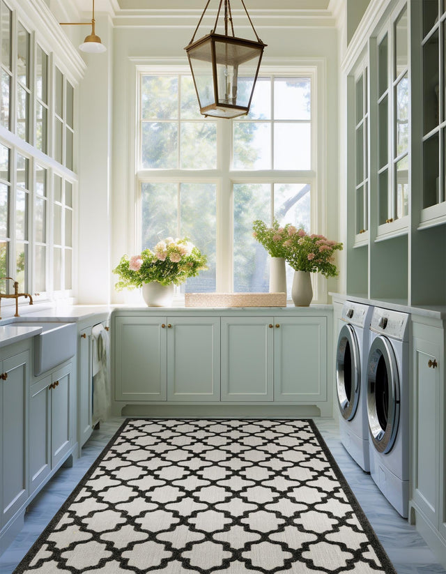 Black 9' x 12' 2 Outdoor Trellis Rectangle Area Rug Weather Resistant for Patio, Deck, Terrace, Balcony, Porch