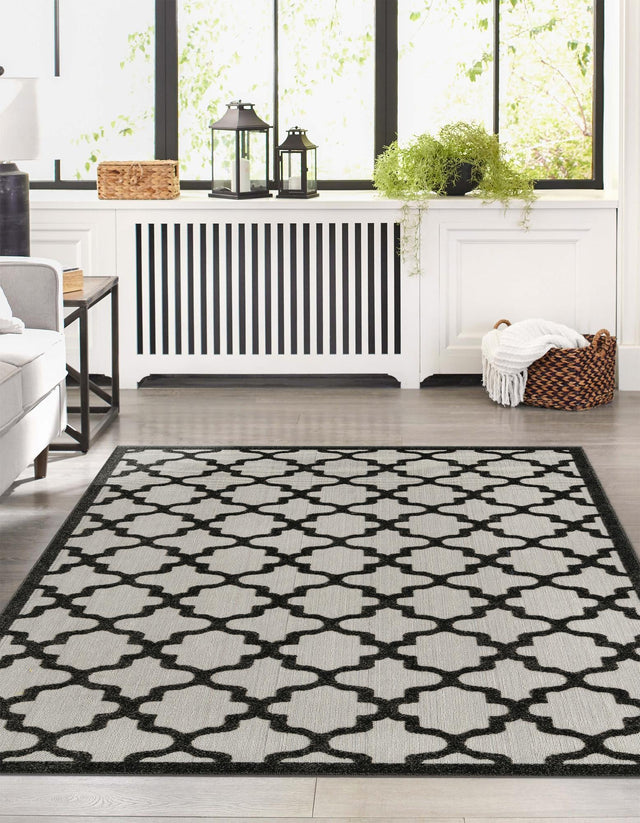 Black 9' x 12' 2 Outdoor Trellis Rectangle Area Rug Weather Resistant for Patio, Deck, Terrace, Balcony, Porch