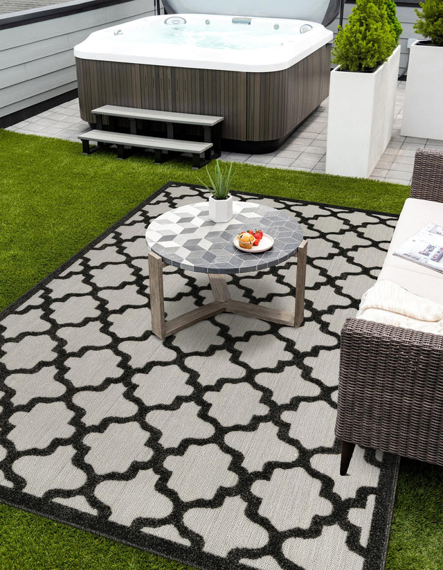Black 6' 1 x 9' Outdoor Trellis Rectangle Area Rug Weather Resistant for Patio, Deck, Terrace, Balcony, Porch Geometric Design Water Safe Outside Carpet for Sale at Rug Engine