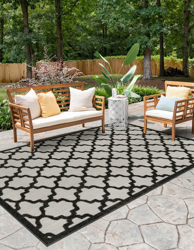 Black 9' x 12' 2 Outdoor Trellis Rectangle Area Rug Weather Resistant for Patio, Deck, Terrace, Balcony, Porch