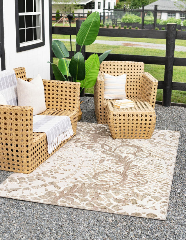 Cream 7' x 10' Outdoor Modern Rectangle Area Rug Weather Resistant for Patio, Deck, Terrace, Balcony, Porch 100% Polypropylene Modern Outside Carpet for Sale at Rug Engine