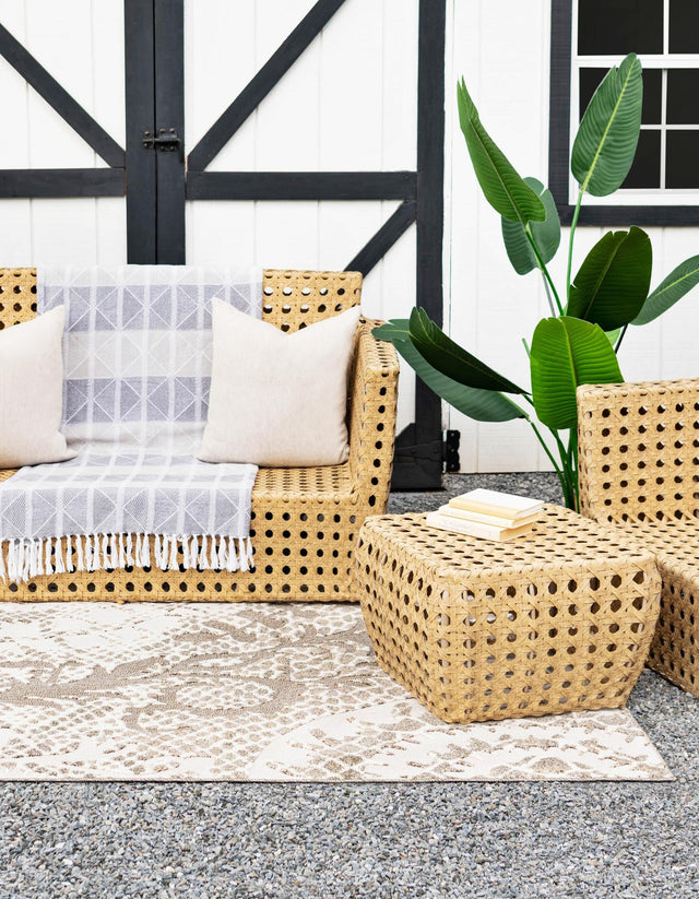 Cream 7' x 10' Outdoor Modern Rectangle Area Rug Weather Resistant for Patio, Deck, Terrace, Balcony, Porch 100% Polypropylene Modern Outside Carpet for Sale at Rug Engine
