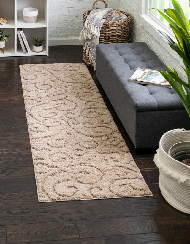 Beige 2' x 6' 7 Floral Shag Runner Area Rug Thick Soft Touch Fluffy & Plush Shaggy Pile 100% Polyester With Cotton Backing Carpet for Interior Design for Sale at Rug Engine