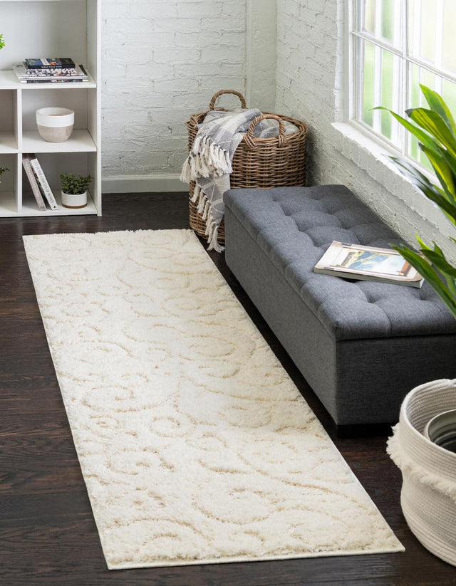 Ivory 2' x 6' 9 Floral Shag Runner Area Rug Thick Soft Touch Fluffy & Plush Shaggy Pile 100% Polyester With Cotton Backing Carpet for Interior Design for Sale at Rug Engine
