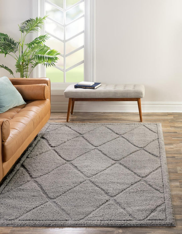 Gray 4' 1 x 6' 1 Trellis Shag Rectangle Area Rug Thick Soft Touch Fluffy & Plush Shaggy Pile Geometric Modern Unique Carpet for Home Interior Design for Sale at Rug Engine