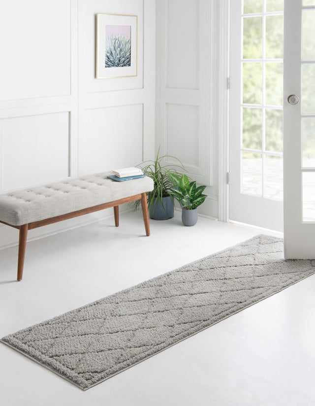 Gray 2' 7 x 10' Trellis Shag Runner Area Rug Thick Soft Touch Fluffy & Plush Shaggy Pile Geometric Modern Unique Carpet for Home Interior Design for Sale at Rug Engine