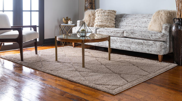 Beige 9' x 12' Trellis Shag Rectangle Area Rug Thick Soft Touch Fluffy & Plush Shaggy Pile Geometric Modern Unique Carpet for Home Interior Design for Sale at Rug Engine