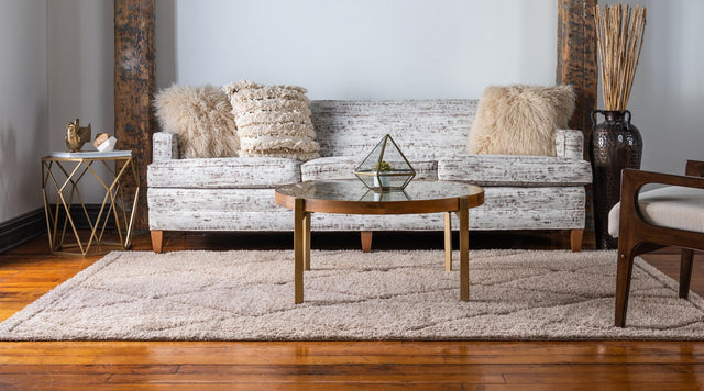 Beige 4' x 6' Trellis Shag Rectangle Area Rug Thick Soft Touch Fluffy & Plush Shaggy Pile Geometric Modern Unique Carpet for Home Interior Design for Sale at Rug Engine