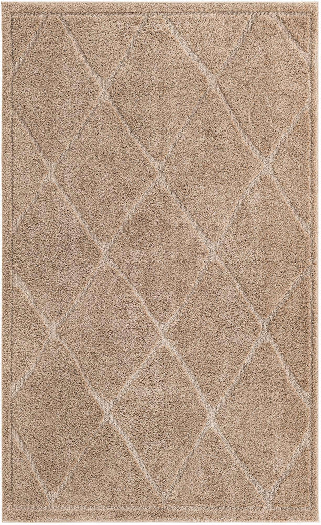 Beige 5' x 8' Trellis Shag Rectangle Area Rug Thick Soft Touch Fluffy & Plush Shaggy Pile Geometric Modern Unique Carpet for Home Interior Design for Sale at Rug Engine