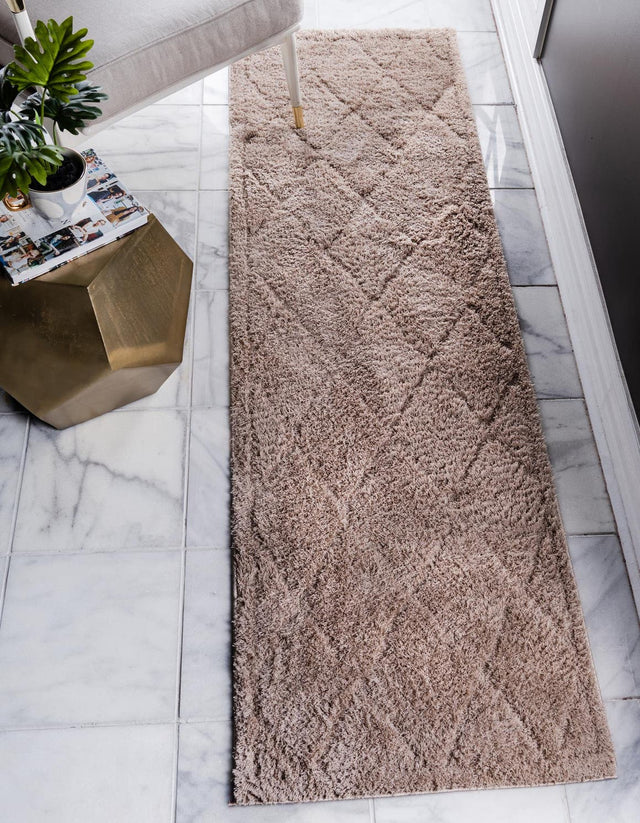 Beige 2' 7 x 10' Trellis Shag Runner Area Rug Thick Soft Touch Fluffy & Plush Shaggy Pile Geometric Modern Unique Carpet for Home Interior Design for Sale at Rug Engine