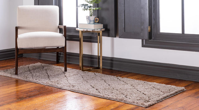 Beige 2' 7 x 10' Trellis Shag Runner Area Rug Thick Soft Touch Fluffy & Plush Shaggy Pile Geometric Modern Unique Carpet for Home Interior Design for Sale at Rug Engine