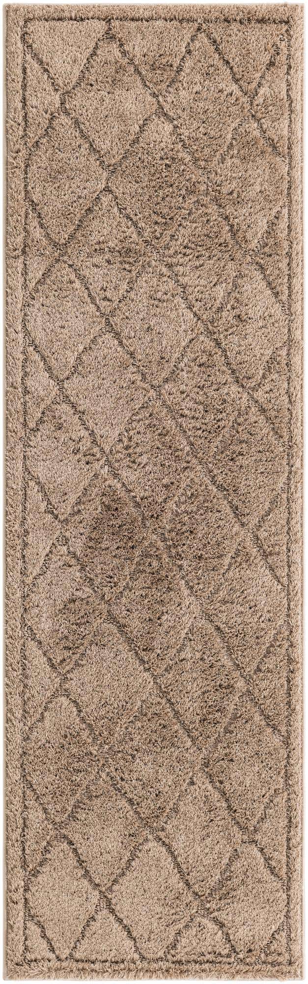 Beige 2' x 6' 9 Trellis Shag Runner Area Rug Thick Soft Touch Fluffy & Plush Shaggy Pile Geometric Modern Unique Carpet for Home Interior Design for Sale at Rug Engine