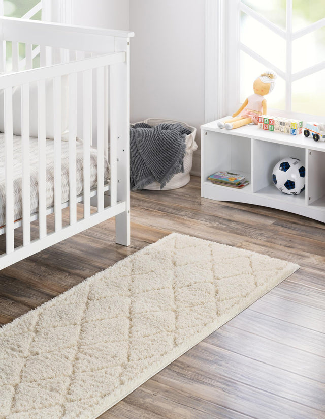 Ivory 2' 7 x 10' Trellis Shag Runner Area Rug Thick Soft Touch Fluffy & Plush Shaggy Pile Geometric Modern Unique Carpet for Home Interior Design for Sale at Rug Engine