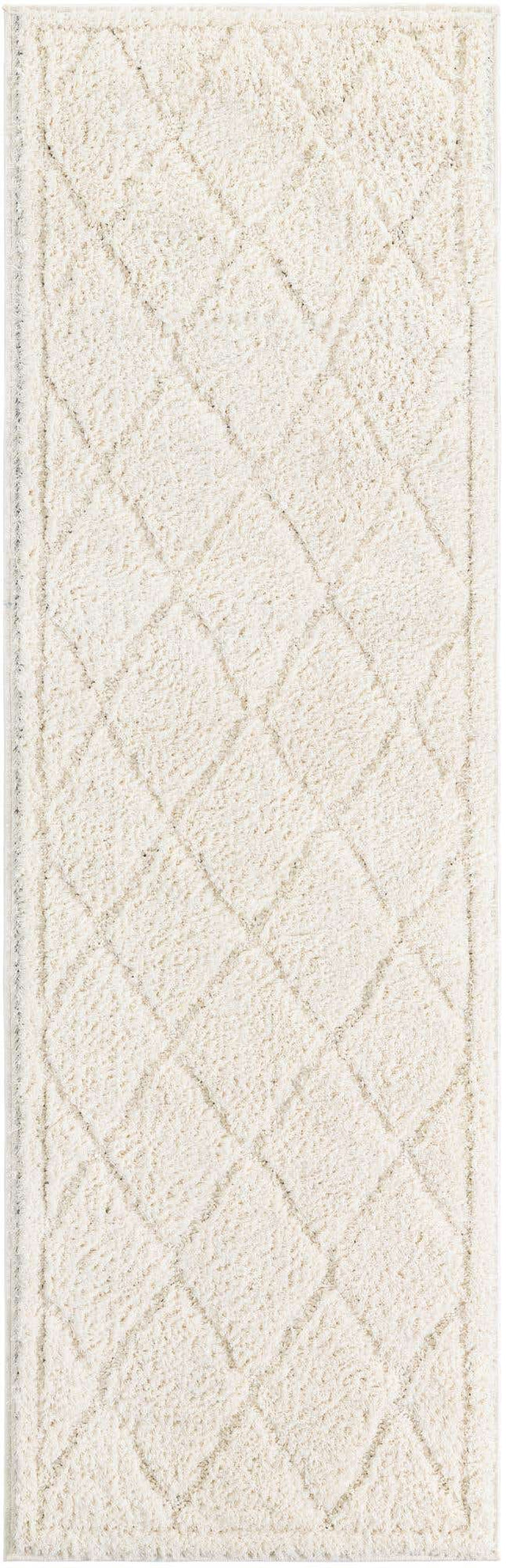 Ivory 2' x 6' 9 Trellis Shag Runner Area Rug Thick Soft Touch Fluffy & Plush Shaggy Pile Geometric Modern Unique Carpet for Home Interior Design for Sale at Rug Engine