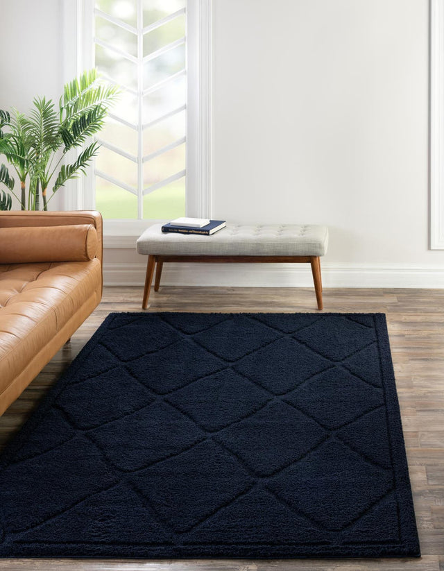 Navy Blue 4' 1 x 6' 1 Trellis Shag Rectangle Area Rug Thick Soft Touch Fluffy & Plush Shaggy Pile Geometric Modern Unique Carpet for Home Interior Design for Sale at Rug Engine