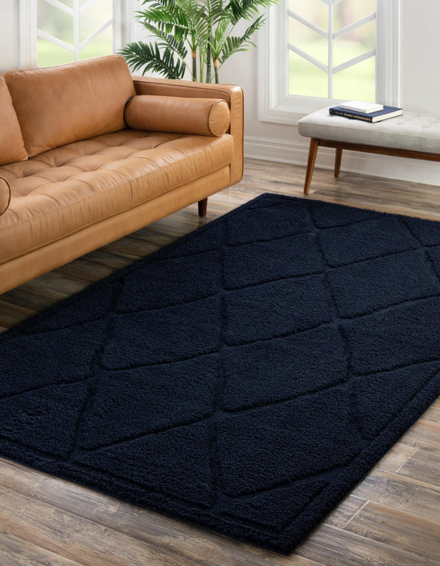 Navy Blue 4' 1 x 6' 1 Trellis Shag Rectangle Area Rug Thick Soft Touch Fluffy & Plush Shaggy Pile Geometric Modern Unique Carpet for Home Interior Design for Sale at Rug Engine